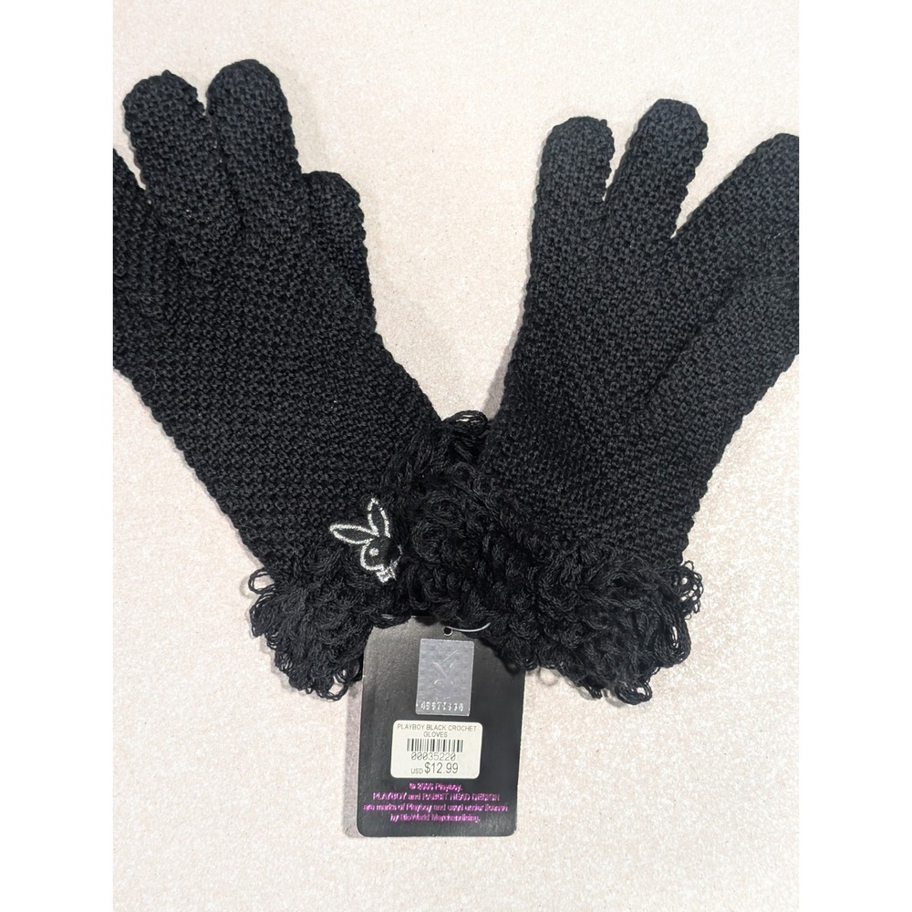 2006 PLAYBOY Logo Black Crochet Women's Gloves Size Med. Stretch Wool Blend New - Picture 3 of 8
